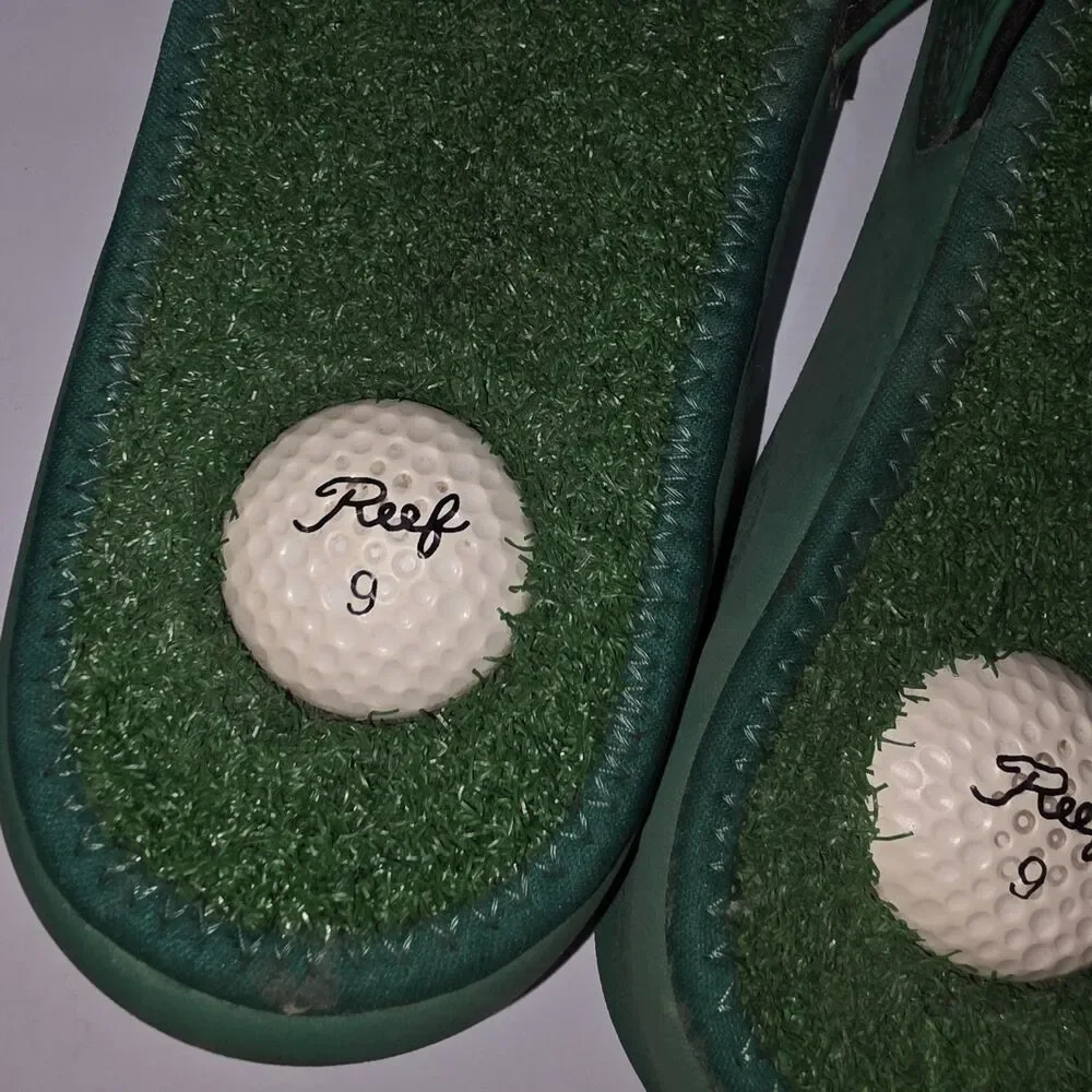 REEF MULLIGAN Sz 9 Green Turf Grass Golf Ball Heel Slide On Sporty Logo Sandals